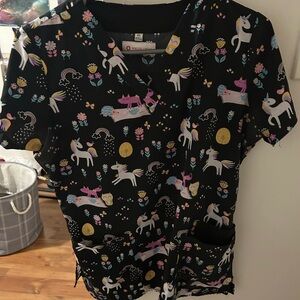 White Cross scrub top 👩🏻‍⚕️ Unicorn Print Shirt - Black Multi